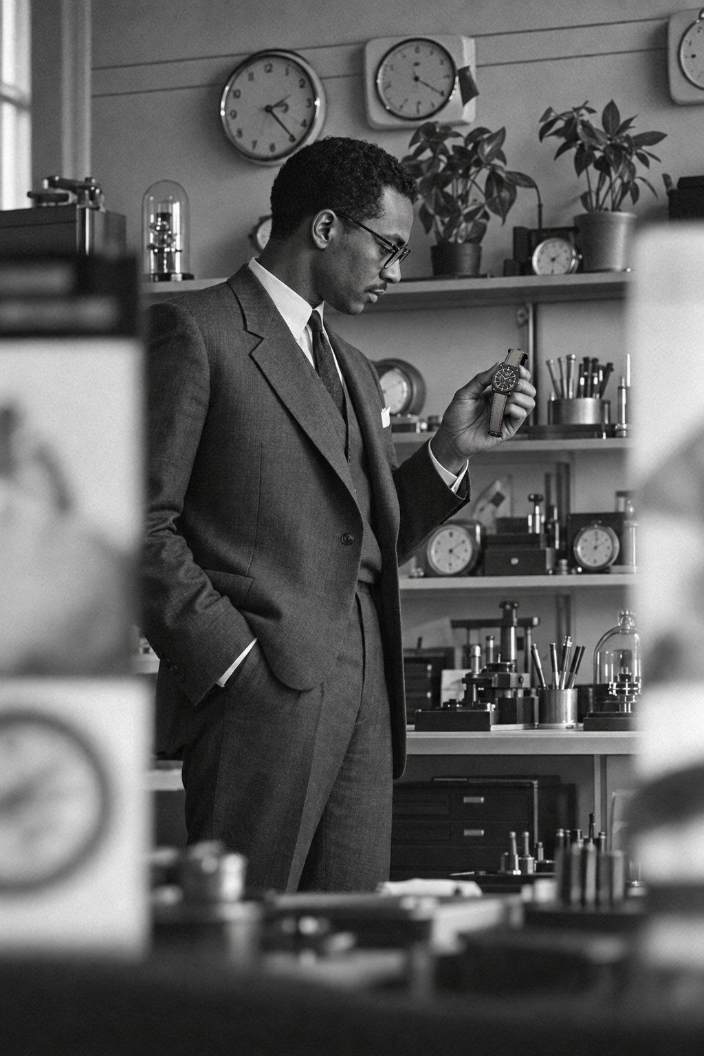 Anonymous African-American watch specialist examining the ANDAM Arjomand 1957 in an archival atelier
